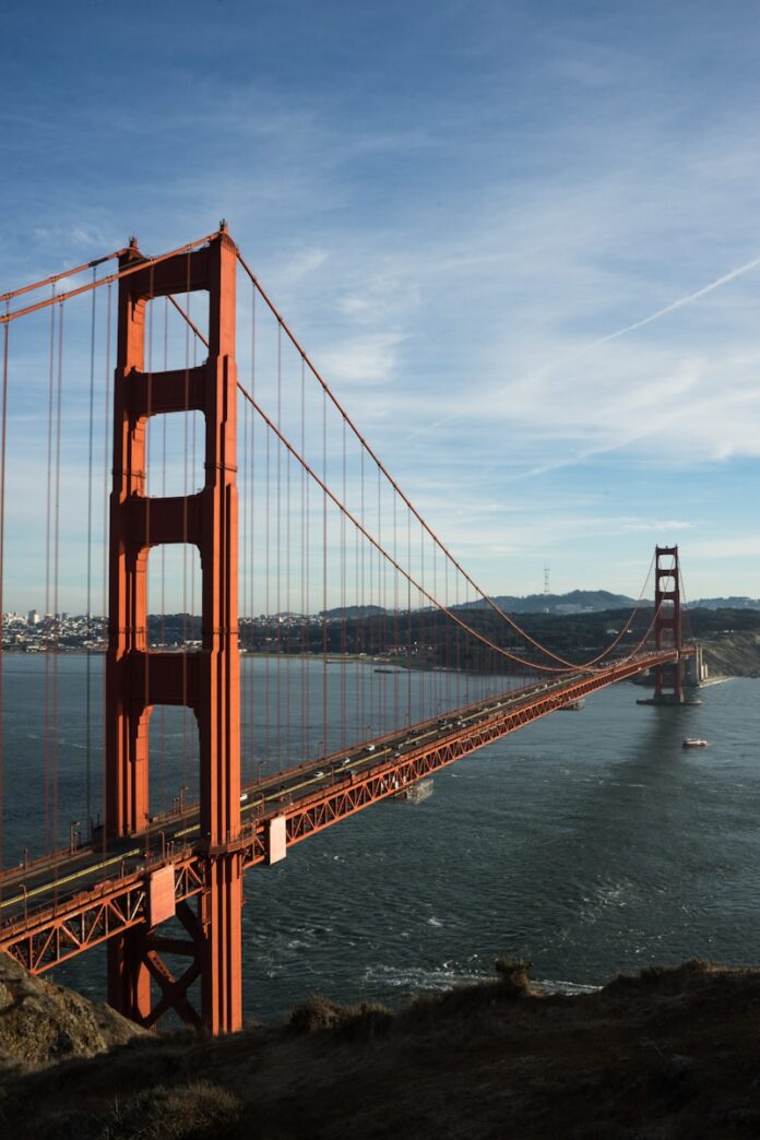 A view of the golden gate bridge from the top of a hill