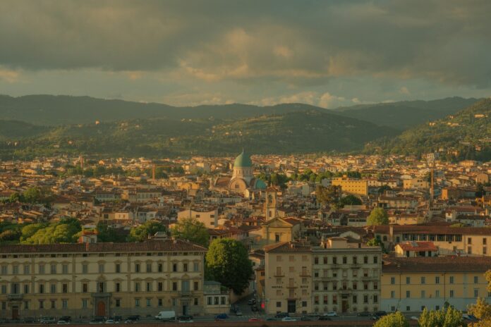 a view of a city with mountains in the background